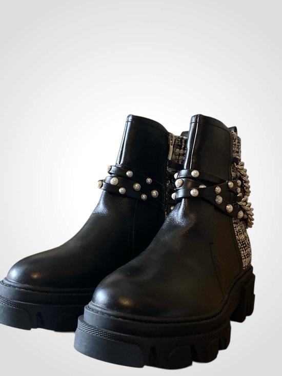 Nine West | Black Chain & Pearl-Embellished Ankle Boot | Punk Rock Boots NWOB - Picture 7 of 13